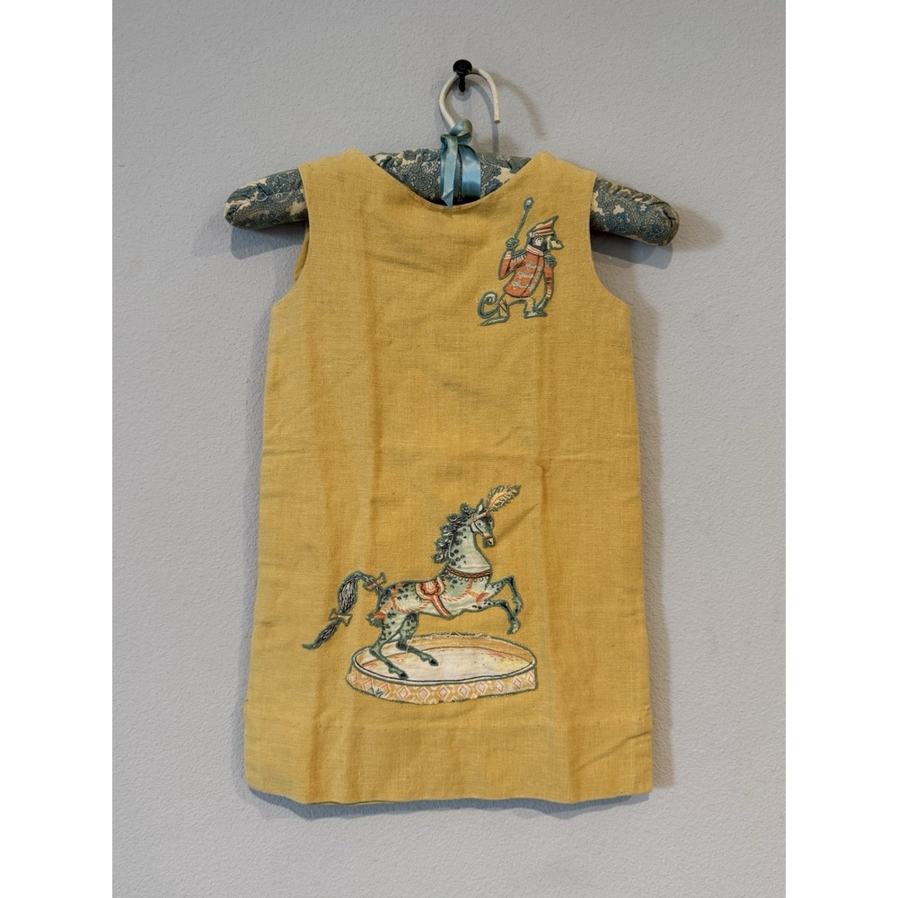 Vintage Kids Circus Mustard Dress Horse Monkey Appliqué Metal Zipper Handmade
